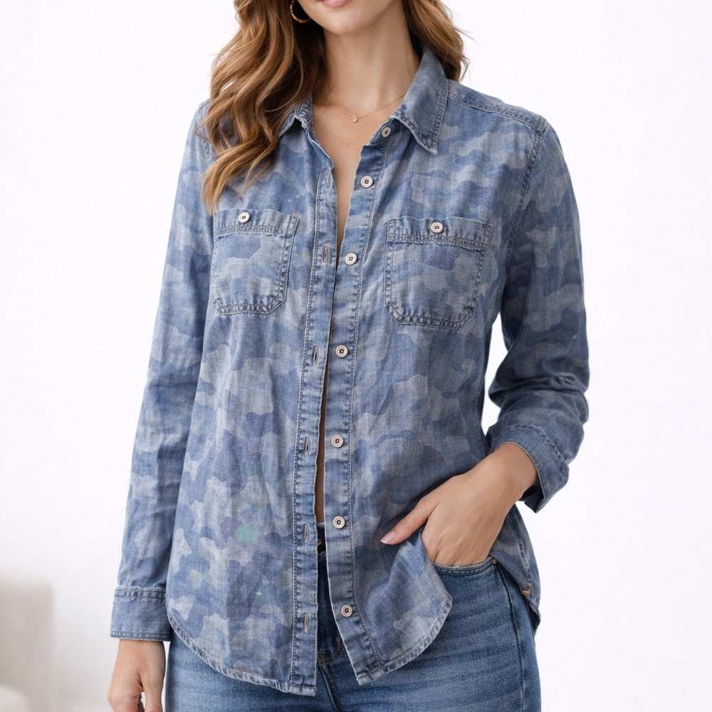 Carhartt Blue Camo Denim Button Down Shirt Small Distressed Workwear Western